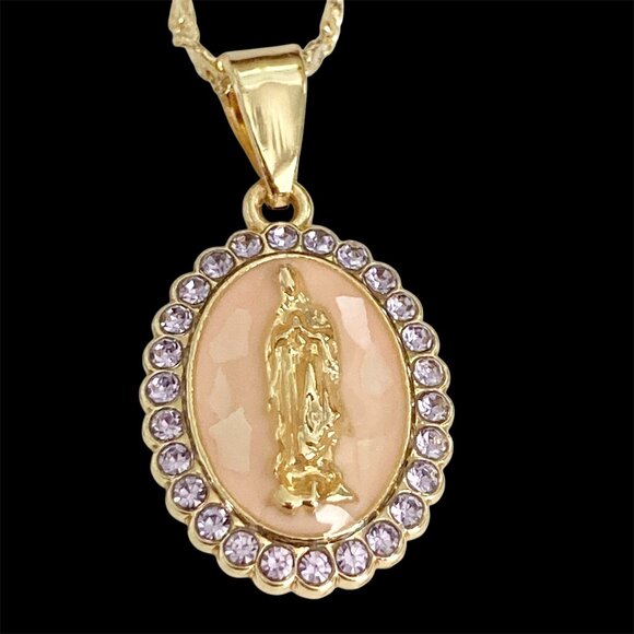 Virgin Mary Our Lady of Guadalupe Gold Necklace 19" Plated Pendant Mexican Saint - Picture 1 of 10